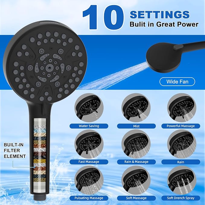 Metal 10" Filtered Rainfall Showerhead Combo, Easy Reach, Matte Black | 4-Way Diverter with Pause Mode, High Pressure Shower Head with 10-Spray Handheld, 71" Hose/12" Extension Arm/Holder