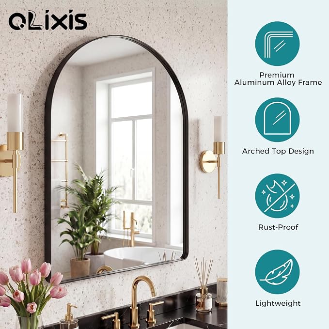 OLIXIS 36x24 Inch Arched Bathroom Wall Mirror, Rounded Rectangle, Black | Modern Wall Mount Vanity Mirror for Over Sink with Matte Metal Deep Framed, for Home Decor, Living Room