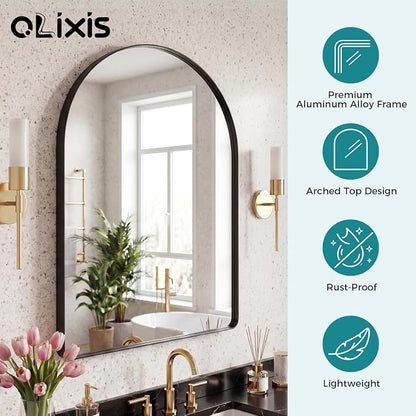 OLIXIS 36x24 Inch Arched Bathroom Wall Mirror, Rounded Rectangle, Black | Modern Wall Mount Vanity Mirror for Over Sink with Matte Metal Deep Framed, for Home Decor, Living Room