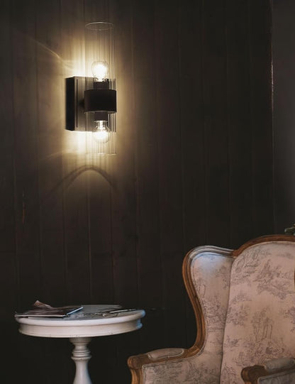 Textured Black Modern Bathroom Sconces Wall Lighting with Clear Ribbed Glass, Brushed Nickel 2-Light Bathroom Vanity Light Fixtures for Mirror Living Room Hallway Bedroom