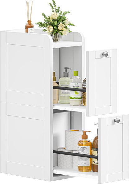 Keehusux Slim Bathroom Storage Cabinet with 2 Slide Out Drawers, White | Narrow Storage Organizer, Anti-drop Guardrail, Freestanding Toilet Paper Holder for Kitchen Corner and Small Spaces, Modern