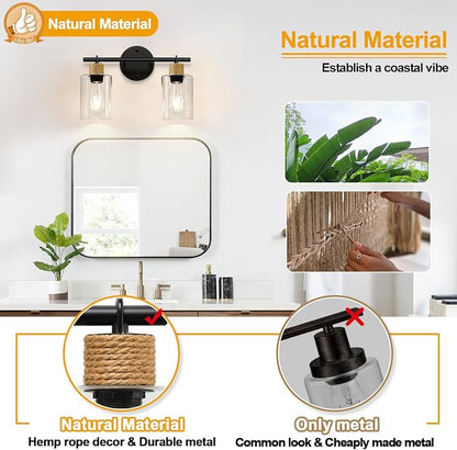 MOKATNG Bathroom Light Fixtures, 2-Light Farmhouse Vanity Lights with Hemp Rope, Black Bathroom Wall Lamp for Mirror Kitchen Hallway Cabinet