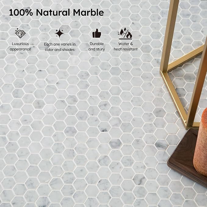 Carrara White Marble Mosaic Tile,1 Inch Hexagon, Polished, 5 Sheets | Natural Bianco Carrera, Marble Stone Backsplash Tiles for Kitchen, Bathroom, Shower Wall and Floor