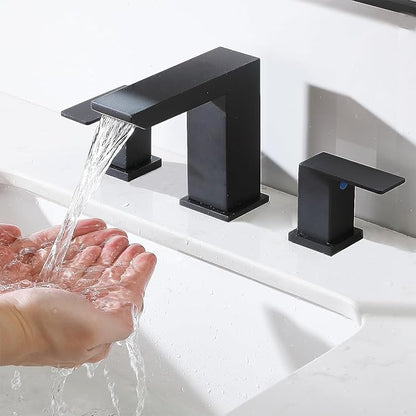 VCCUCINE Black Waterfall Bathroom Faucet 8 Inch Widespread Bathroom Sink Faucet 3 Hole,Modern Matte Black Vanity Bathroom Faucets for Sink with Pop Up Drain and Supply Lines