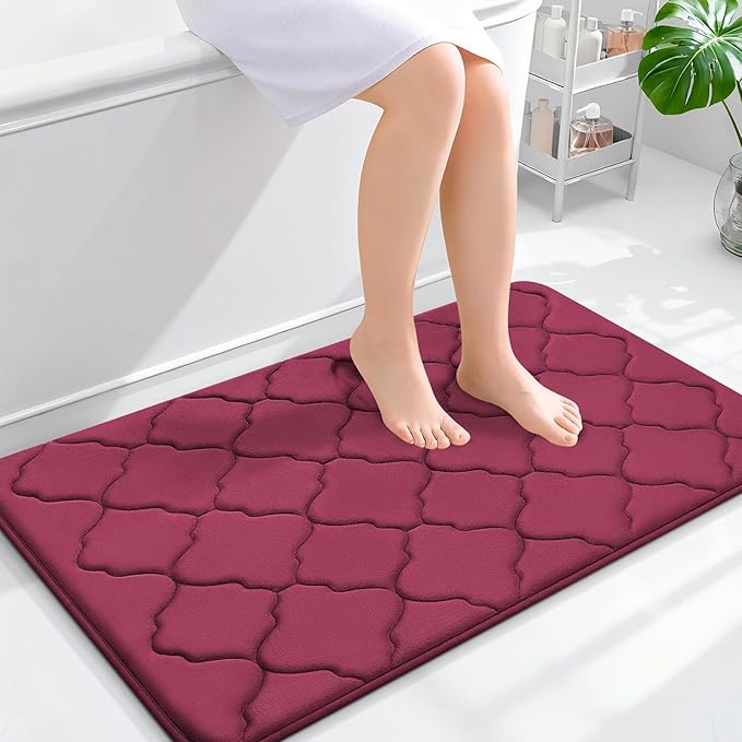 OLANLY Memory Foam Bath Mat Rug 36x24, Ultra Soft and Absorbent Bathroom Rugs, Non-Slip, Comfortable, Machine Washable Bath Carpet for Bathroom Floor, Tub, Shower and Home Decor Accessories, Burgundy