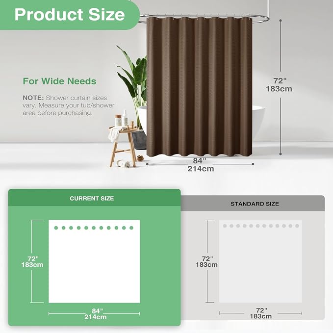 Extra Wide Waffle Shower Curtain 256 GSM Fabric 84x72 Brown | 84 Inch Wide, Thick Cloth, Weighted Hem, Water Repellent, Hotel Luxury Polyester Shower Curtain Set for Bathroom 14 Hooks