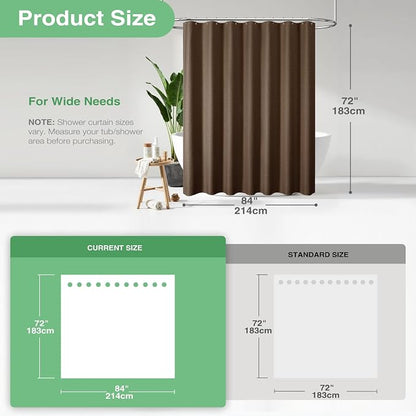 Extra Wide Waffle Shower Curtain 256 GSM Fabric 84x72 Brown | 84 Inch Wide, Thick Cloth, Weighted Hem, Water Repellent, Hotel Luxury Polyester Shower Curtain Set for Bathroom 14 Hooks
