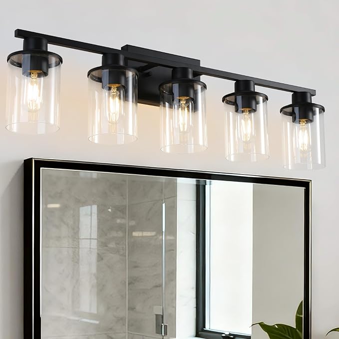 LOUSACE 5-Light Black Bathroom Vanity Light, 31.5" Modern Vanity Lighting Fixture Over Mirror with Clear Glass Shade, E26 Base