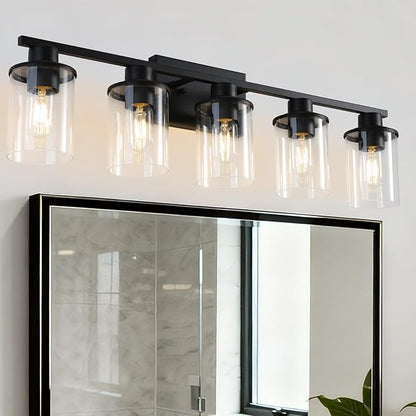 LOUSACE 5-Light Black Bathroom Vanity Light, 31.5" Modern Vanity Lighting Fixture Over Mirror with Clear Glass Shade, E26 Base