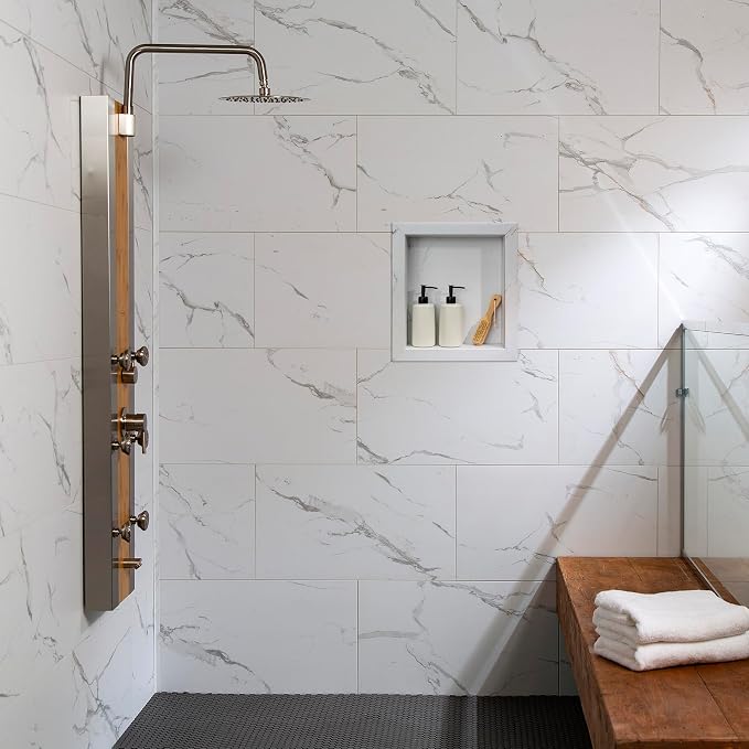 Palisade 17.5 in x 15.5 in Vinyl Shower Niche Carrara Marble/Urban Glacier | Waterproof Shower Insert