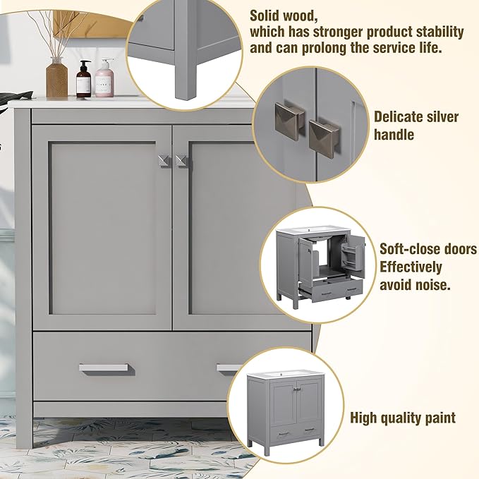 LUMISOL 60" Bathroom Vanity with Double Sink, Solid Wood Bathroom Sink Cabinet with 2 Drawers, Storage Racks & 2 Cabinets, Separate Bathroom Vanities with Double Ceramic Sinks, Grey