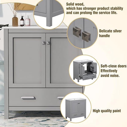 LUMISOL 60" Bathroom Vanity with Double Sink, Solid Wood Bathroom Sink Cabinet with 2 Drawers, Storage Racks & 2 Cabinets, Separate Bathroom Vanities with Double Ceramic Sinks, Grey