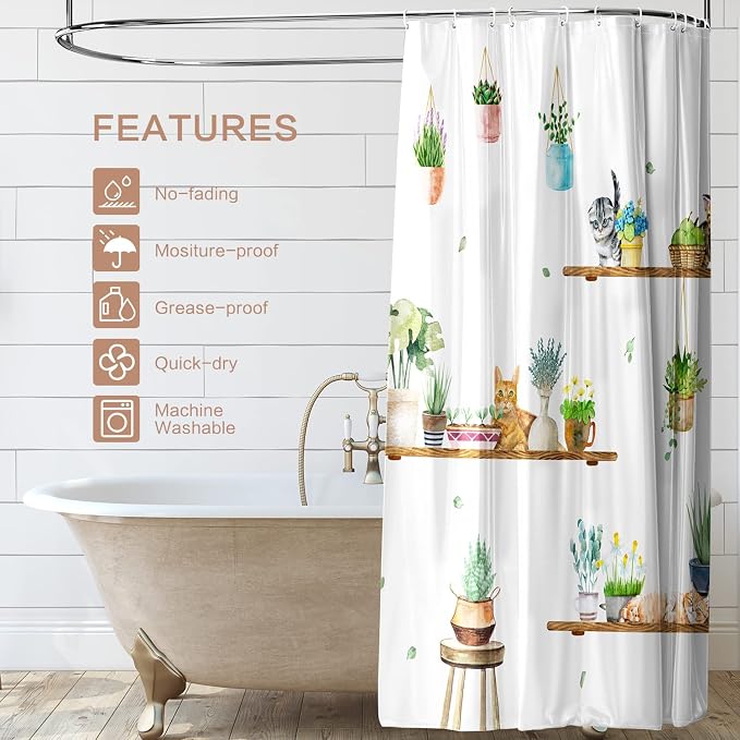 Hanging Potted Plants Cat Shower Curtain, Bracket Plant Kitty Shower Curtain for Bathroom with 12 Hooks, Polyester Fabric Waterproof Shower Curtain Sets Machine Washable Bath Curtain