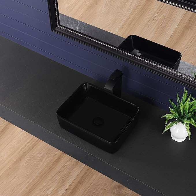Vessel Sink 19"x15" Rectangular Bathroom Sink Modern Black Porcelain Ceramic Above Counter Drop-in Vanity Sink for Bathrooms Art Basin