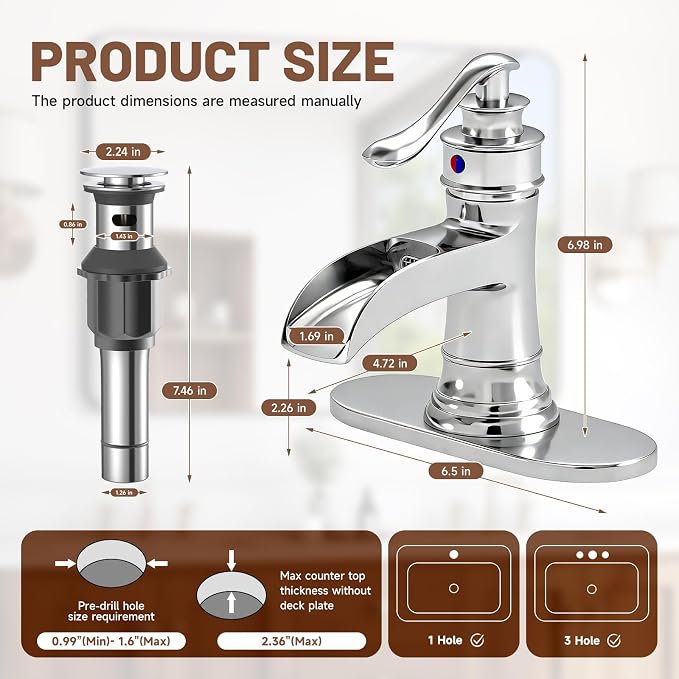 Bathroom Faucet Chrome Waterfall Bathroom Sink Faucets & Parts | with Pop Up Drain Stopper with Overflow Single Handle Single Hole Vanity Commercial Trough Supply Lines Hose Lead-Free