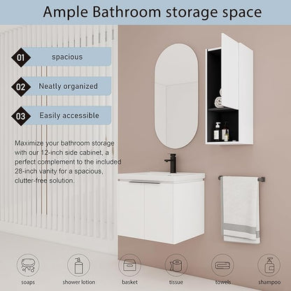 24 Inch Bathroom Vanity with Sink Combo,24'' Floating Bathroom Vanity with Sink, Modern Wall Mounted Cabinet Set with 12'' Side Cabinet Combo,White