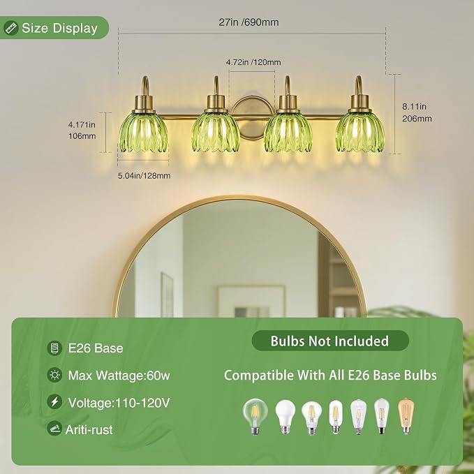 4-Light Bathroom Light Fixtures, 27" Vintage Gold Vanity Lights for Bathroom, Modern Vanity Lights with Ribbed Green Tulip Glass Shade, Wall Lamp for Mirror Living Room Hallway