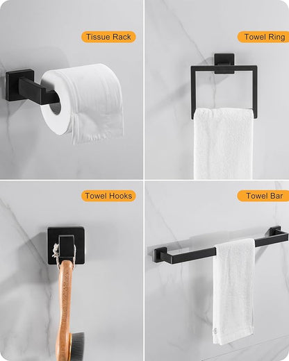 Bathroom Hardware Set Square,5 Pieces Bathroom Hardware Accessories Set Includs16 inch Towel bar, Towel Ring, Toilet Paper Holder, Towel Hooks (Black-5PCS-16Inch)