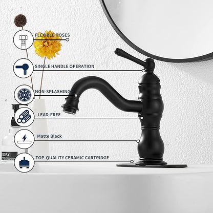Matte Black Bathroom Faucet GGStudy 360° Swivel Bathroom Vanity Faucet Single Handle One Hole Black Bathroom Sink Faucet Basin Matching Pop Up Drain with Overflow