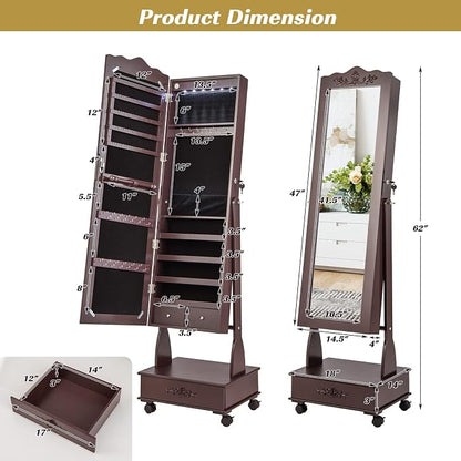 CHARMAID Rolling Jewelry Armoire with Full Length Mirror, Lockable Stand up Jewelry Cabinet with Lights and Wheels, Standing Jewelry Organizer with Drawers, Mirror with Jewelry Storage (Espresso)