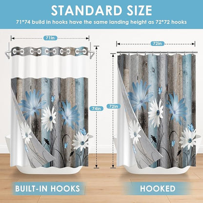 No Hook Shower Curtain with Snap in Liner 71x74 Inch Blue Daisy | Farmhouse Rustic Butterfly Modern Double Layers Waterproof Fabric with See Through Top Window Open Grommet Bath Curtain