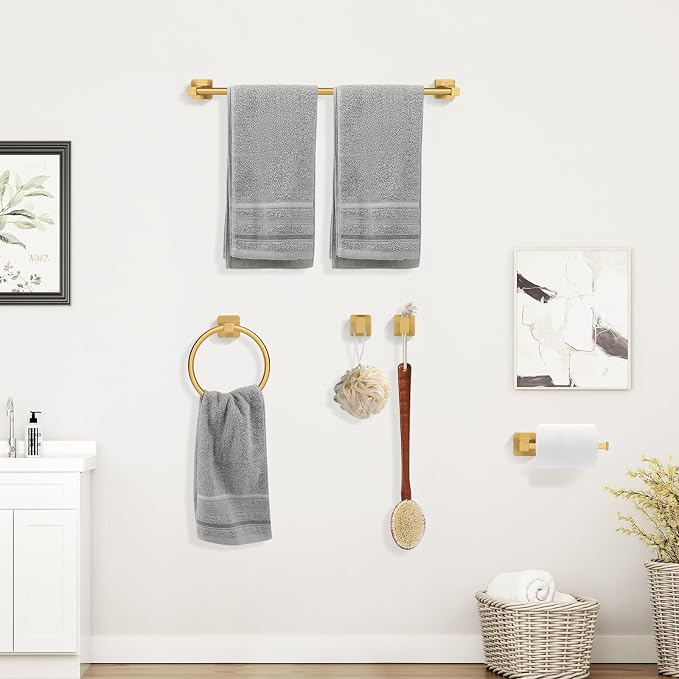 5 Piece Bathroom Hardware Accessories Set Brushed Gold,24 Inch Towel Bar Set,Towel Rack Set,Bathroom Towel Holder Set