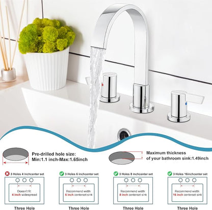 Midanya 8 Inch Widespread Bathroom Sink Faucet 3 Hole,Polish Chrome | Waterfall Swivel Spout,2 Handle,SUS304,with Pop Up Drain,cUPC 24" Water Hose,for 6-16” hole distance vanity,RV,Farmhouse Sink