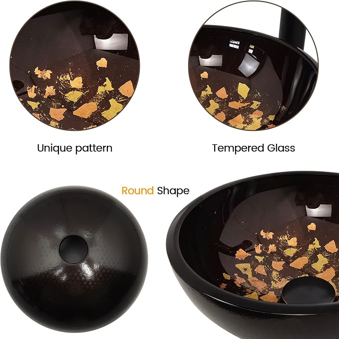 Vessel Sink 12" Bathroom Sinks Tempered Glass Brown Art Basin Round Bowl with Faucet Combo, Brown