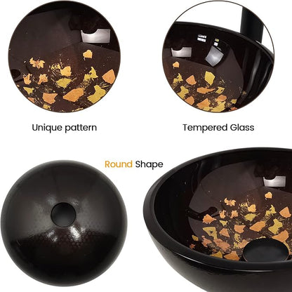 Vessel Sink 12" Bathroom Sinks Tempered Glass Brown Art Basin Round Bowl with Faucet Combo, Brown