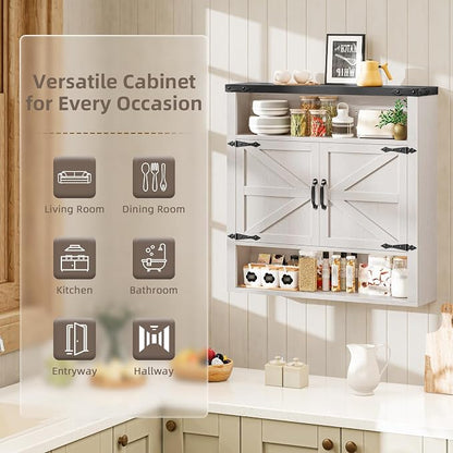 Bathroom Wall Cabinet, Farmhouse Medicine Cabinet with Adjustable Shelves and 2 Barn Doors, Wall Mounted Over the Toilet Storage Cabinet for Bathroom, Laundry Room, Kitchen, Rustic White and Black
