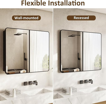 Medicine Cabinet Mirror 30x36 Inch, Double-Sided Bathroom Mirror Cabinet with Adjustable Glass Shelves, 2-Compartment Bathroom Mirror with Storage Recessed or Wall Mount