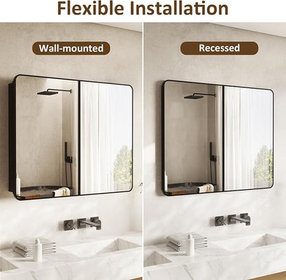 Medicine Cabinet Mirror 40x32 Inch, Double-Sided Bathroom Mirror Cabinet with Adjustable Glass Shelves, 2-Compartment Bathroom Mirror with Storage Recessed or Wall Mount