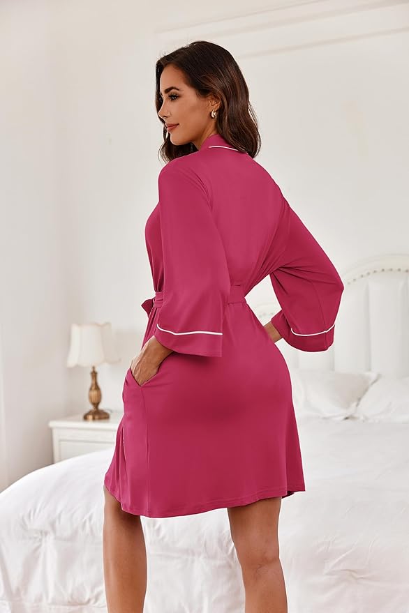 Ekouaer Women Kimono Robes Knee Length Knit Bathrobe Lightweight Soft Sleepwear V-neck Casual Ladies Loungewear