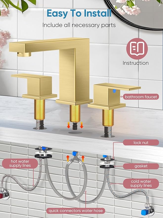 Cobbe Bathroom Faucets for Sink 3 Hole, Brushed Gold Bathroom Sink Faucet Square 8 inch Widespread with Pop-Up Drain, 2 Handle and 2 Supply Hoses, Lead-Free Stainless Steel for Vanity, Rv, Farmhouse