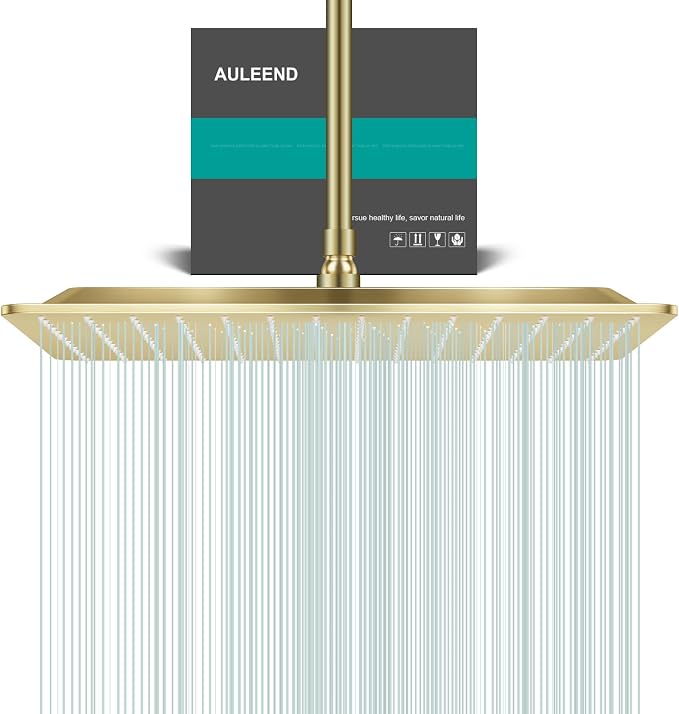 Square Rain Shower Head, High Flow Stainless Steel,Work with any decorative style，All Metal Rainfall Shower Head (Brushed Gold, 16)