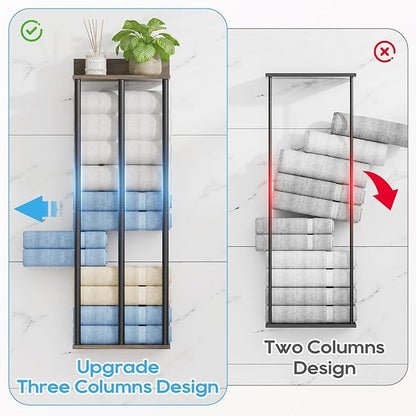 Towel Racks for Bathroom Wall Mounted with Wooden Storage Shelf, Updated 3 Bar Metal Towel Holder for Rolled Towels, Sturdy and Large Capacity, Towel Storage Organizer