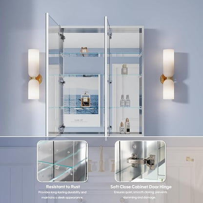 28" x 36" Bathroom Medicine Cabinet with Mirror, Anodized Chrome Aluminum Frame, Surface Mount or Recessed Medicine Cabinet with Mirror, Bathroom Mirror with Storage, Double Doors