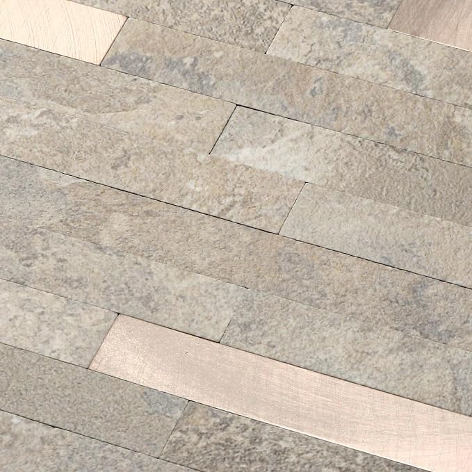 Yipscazo 10 Sheets Peel and Stick Stone Metal Tile Backsplash, Stick on Tiles for Backsplash Kitchen, Bathroom, Laundry Room, Camper, Fireplace (12'' X 12'', Beige Stone with Gold Metal)