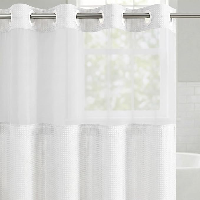 Americanflat 72x75 Hookless Waffle Pattern Shower Curtain - Water-Resistant Long Shower Curtain with Sheer Panel, Snap-in Liner, and Durable Grommets - 100% Polyester - White