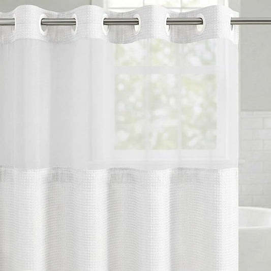 Americanflat 72x75 Hookless Waffle Pattern Shower Curtain - Water-Resistant Long Shower Curtain with Sheer Panel, Snap-in Liner, and Durable Grommets - 100% Polyester - White