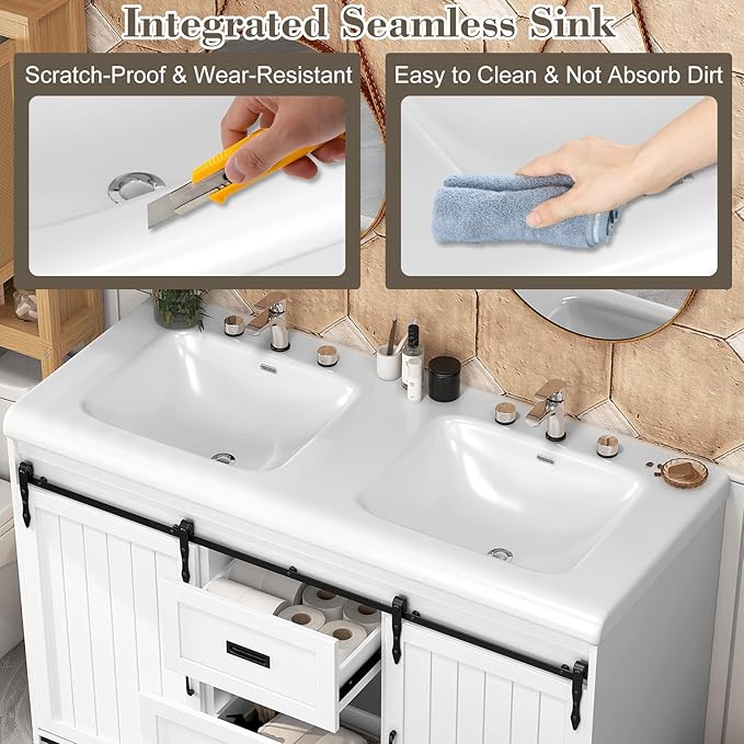 48 inch Bathroom Vanity with Sink,Farmhouse Bathroom Vanity,Double Bathroom Vanity with Sink Combo,2 Sliding Doors&2 Drawer,White,48”*19.7“*35.5”