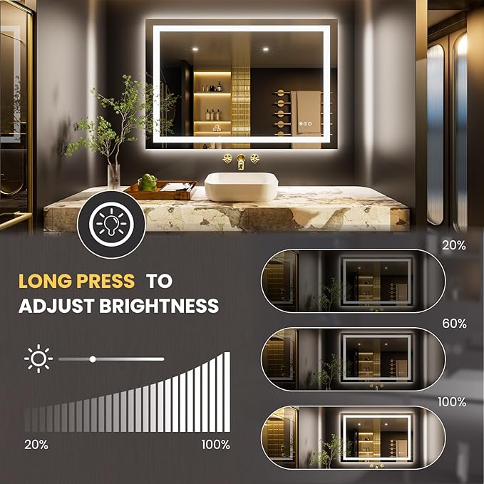LOAAO 50"X34" LED Bathroom Mirror with Lights, UL Listed | Anti-Fog, Dimmable, 3 Color Temperature, Backlit + Front Lit, Memory Function, Tempered Glass