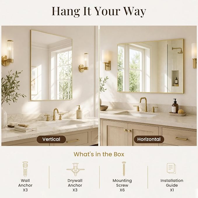 24x36 Satin Gold Framed Rectangle Bathroom Vanity Wall Mirror | Over-Sink Vanity Mirror, Slim Metal Frame, Entryway or Dresser Use, Vertical/Horizontal Mount, Tempered Glass