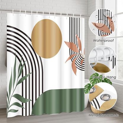 Bathroom Sets with Shower Curtain and Rugs, 4 Pcs, Boho Green | Minimalist Modern Abstract Bathroom Decor Set with Toilet Lid Cover, Non-Slip Bath Mats and 12 Hooks