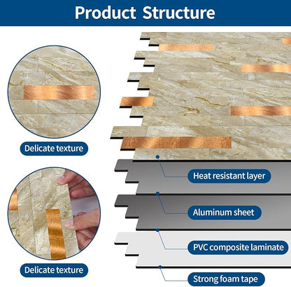 Yipscazo 20 Sheets Peel and Stick Stone Metal Tile Backsplash, Stick on Tiles for Backsplash Kitchen, Bathroom, Laundry Room, Camper, Fireplace (12'' X 12'', Polished Beige)