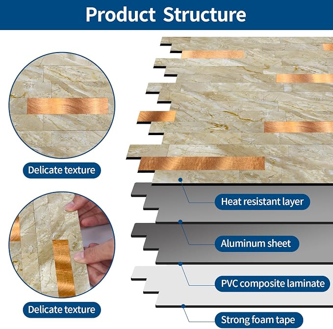 Yipscazo 1 Sheet Peel and Stick Stone Metal Tile Backsplash, Stick on Tiles for Backsplash Kitchen, Bathroom, Laundry Room, Camper, Fireplace (12'' X 12'', Polished Beige)