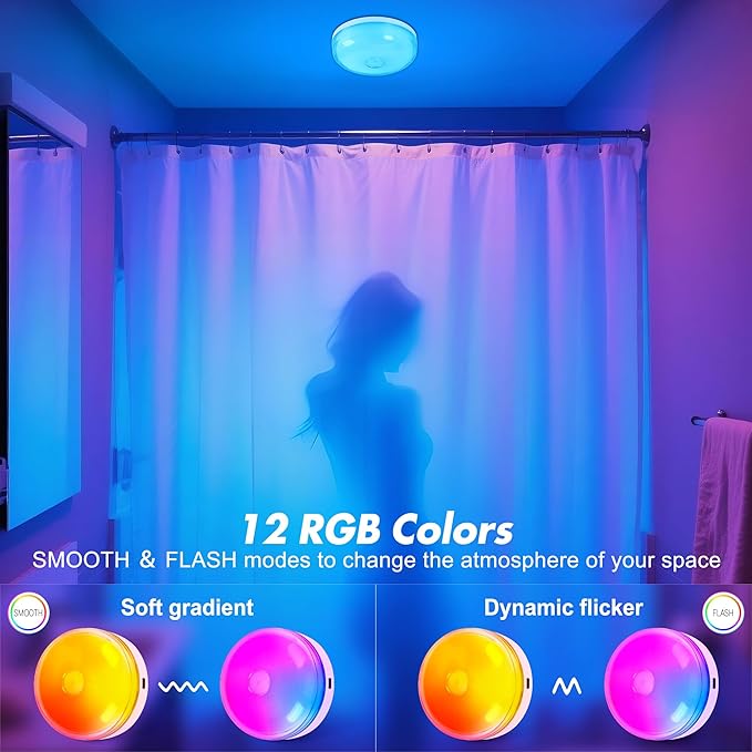 4-Pack Waterproof Shower Light No Wiring, Rechargeable Shower Lamp, White | 15 RGBW Color Mood Lighting with Remote Dimmable&Timer, LED Wireless Magnetic Ceiling/Wall Light for Bathroom Bathtub Closet