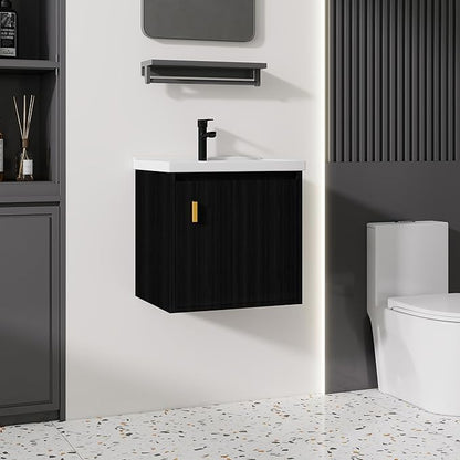 20'' Bathroom Vanity with Ceramic Sink Combo, Wall Mounted Small Bathroom Vanity with Soft-Close Door Modern Floating Cabinet, Pop-up Drain, P-Trap Included, Black(No Faucet)