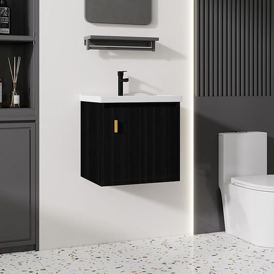 20'' Bathroom Vanity with Ceramic Sink Combo, Wall Mounted Small Bathroom Vanity with Soft-Close Door Modern Floating Cabinet, Pop-up Drain, P-Trap Included, Black(No Faucet)