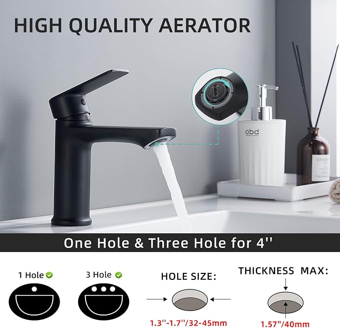 BELZ Black Bathroom Faucet, Lead-Free Single Hole Sink Faucet for Vanity | NSF372 Certified, Anti-peeling PVD Black Finish, Water-saving & Anti-splash, Single Handle Modern Design with Hot/Cold Hoses